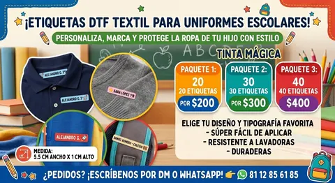 Etiquetas DTF textil para uniformes escolares en paquetes de 20, 30 y 40