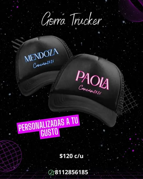 Gorras trucker con los nombres Mendoza y Paola, recuerdo de Cancún