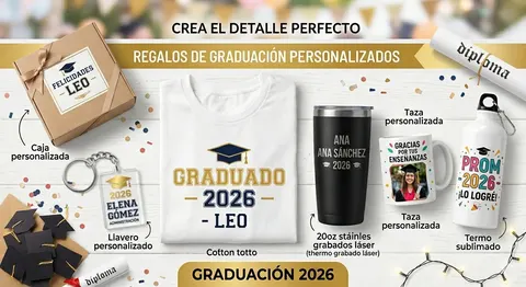 Regalos de graduación personalizados: playera, taza, termo y llavero