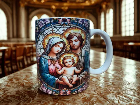 Taza con la Sagrada Familia en estilo vitral