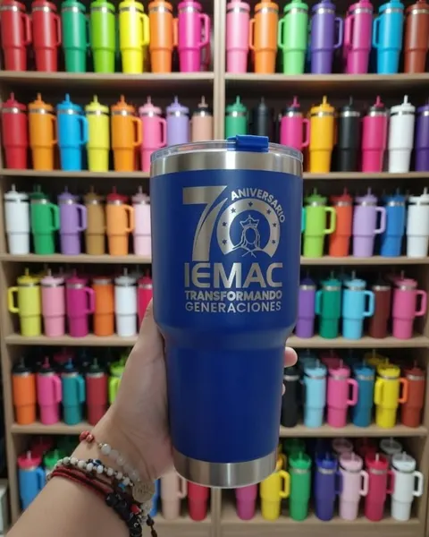 Termo azul grabado con láser para el 70 aniversario del IEMAC