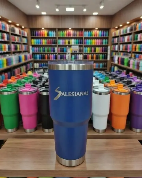 Termo azul grabado con láser con el logo de Salesianas