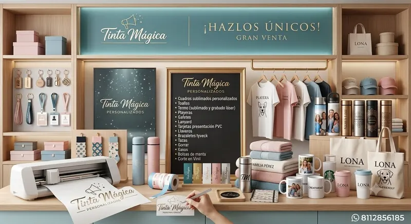 Ilustración de la tienda Tinta Mágica con playeras, termos, tazas, gorras y bolsas personalizadas